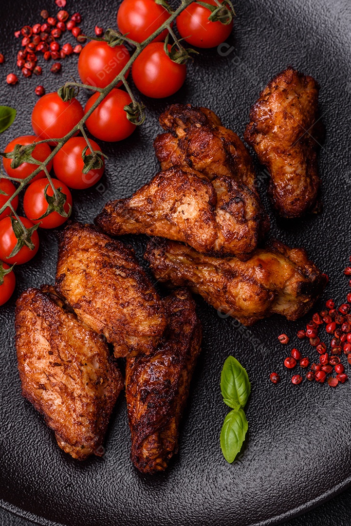 Deliciosas asas de frango suculentas assadas na grelha com sal, especiarias e ervas sobre um fundo escuro de concreto