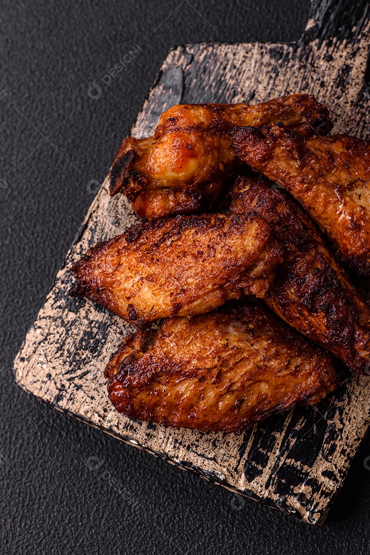 Deliciosas asas de frango suculentas assadas na grelha com sal, especiarias e ervas sobre um fundo escuro de concreto