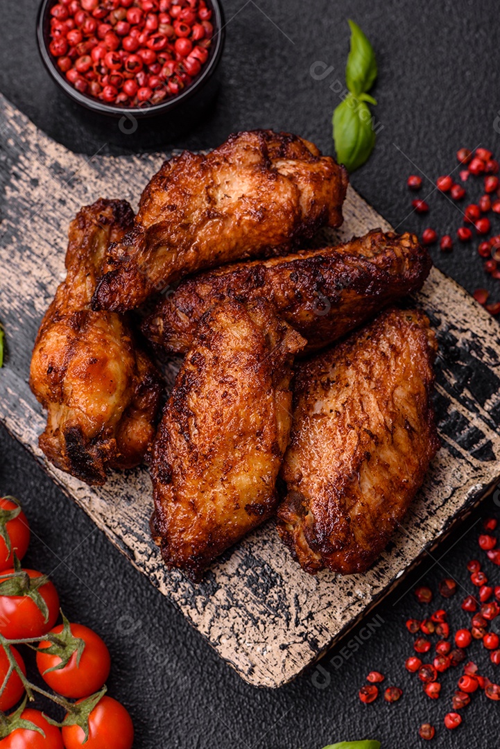 Deliciosas asas de frango suculentas assadas na grelha com sal, especiarias e ervas sobre um fundo escuro de concreto