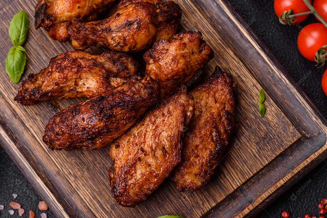 Deliciosas asas de frango suculentas assadas na grelha com sal, especiarias e ervas sobre um fundo escuro de concreto