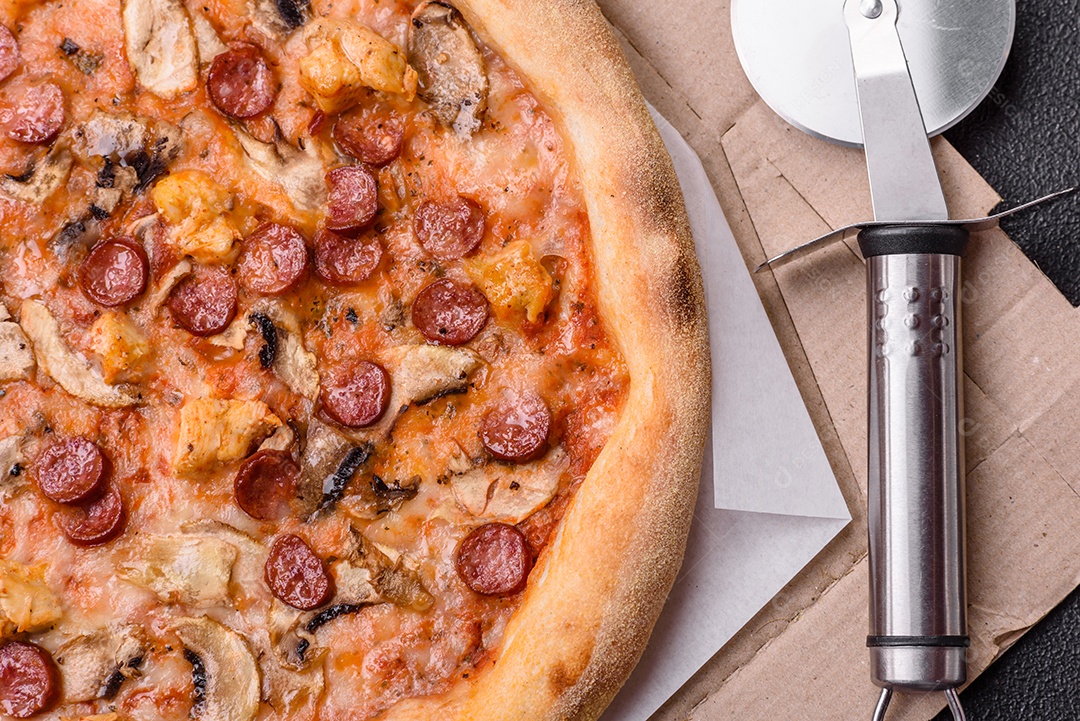 Deliciosa pizza com salsicha, queijo, tomate, sal, especiarias e ervas sobre um fundo escuro de concreto