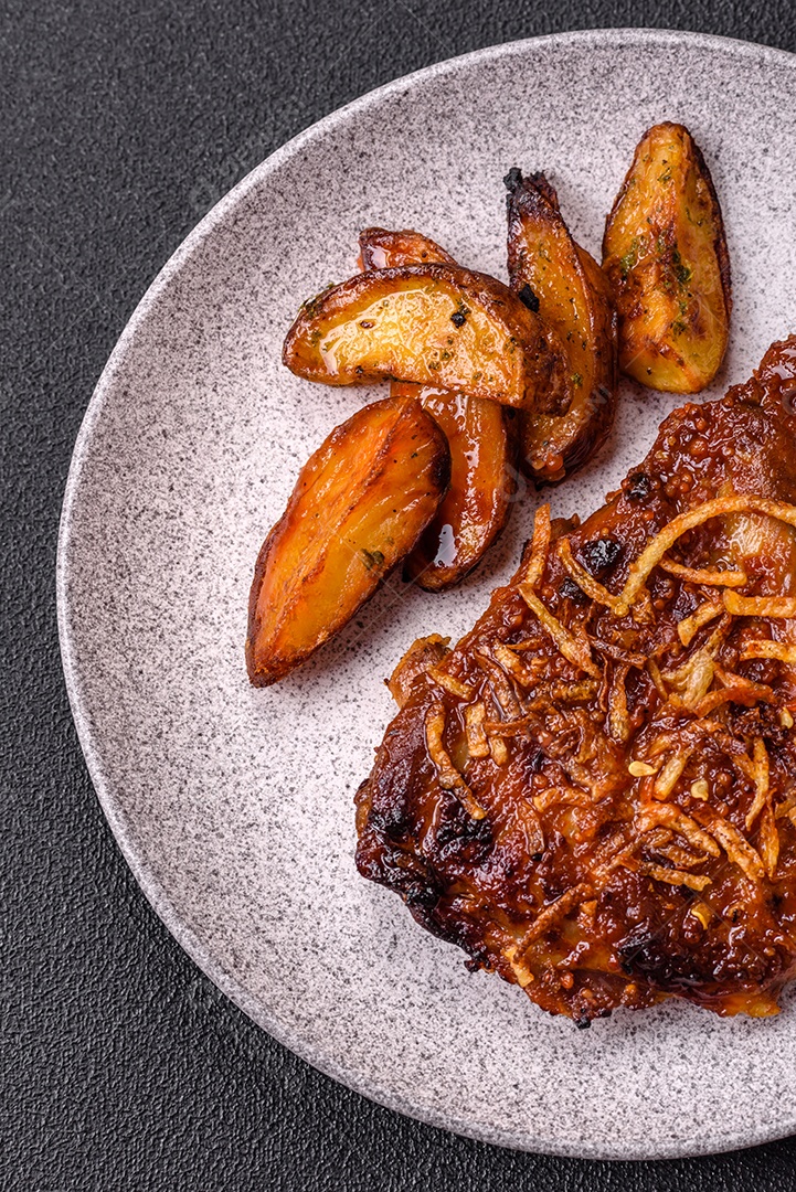 Deliciosas costelas de porco ou de vaca assadas na grelha com sal, especiarias e ervas sobre um fundo escuro de concreto