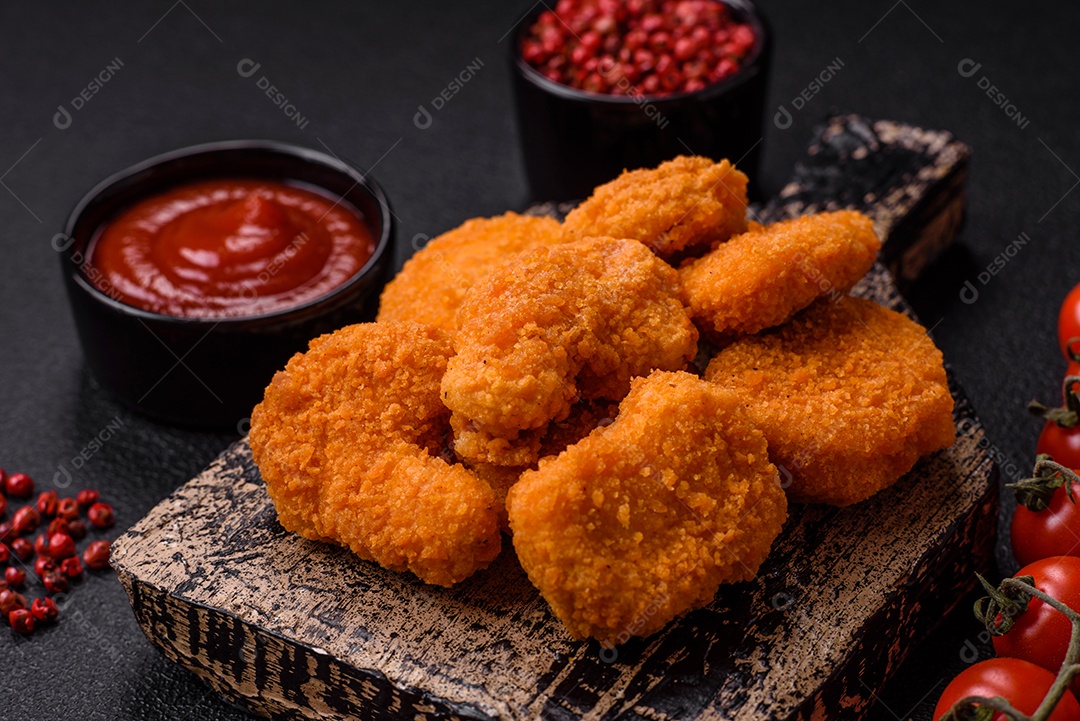 Deliciosos nuggets de frango crocantes frescos em um fundo escuro de concreto. Alimentos não saudáveis, fast food