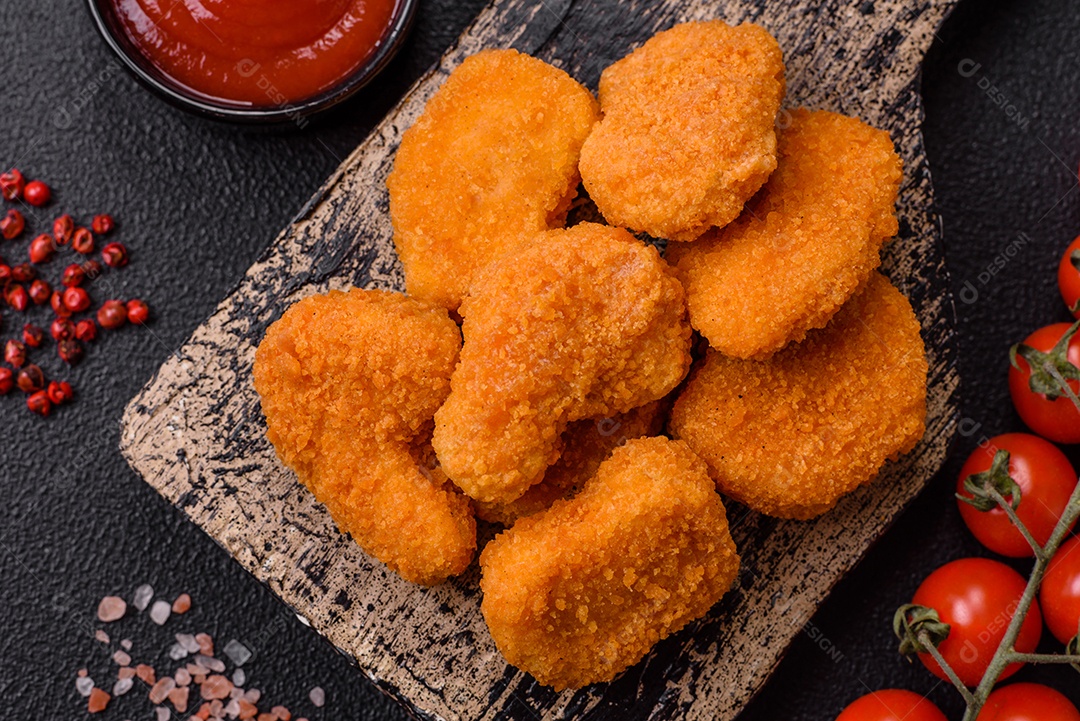 Deliciosos nuggets de frango crocantes frescos em um fundo escuro de concreto. Alimentos não saudáveis, fast food