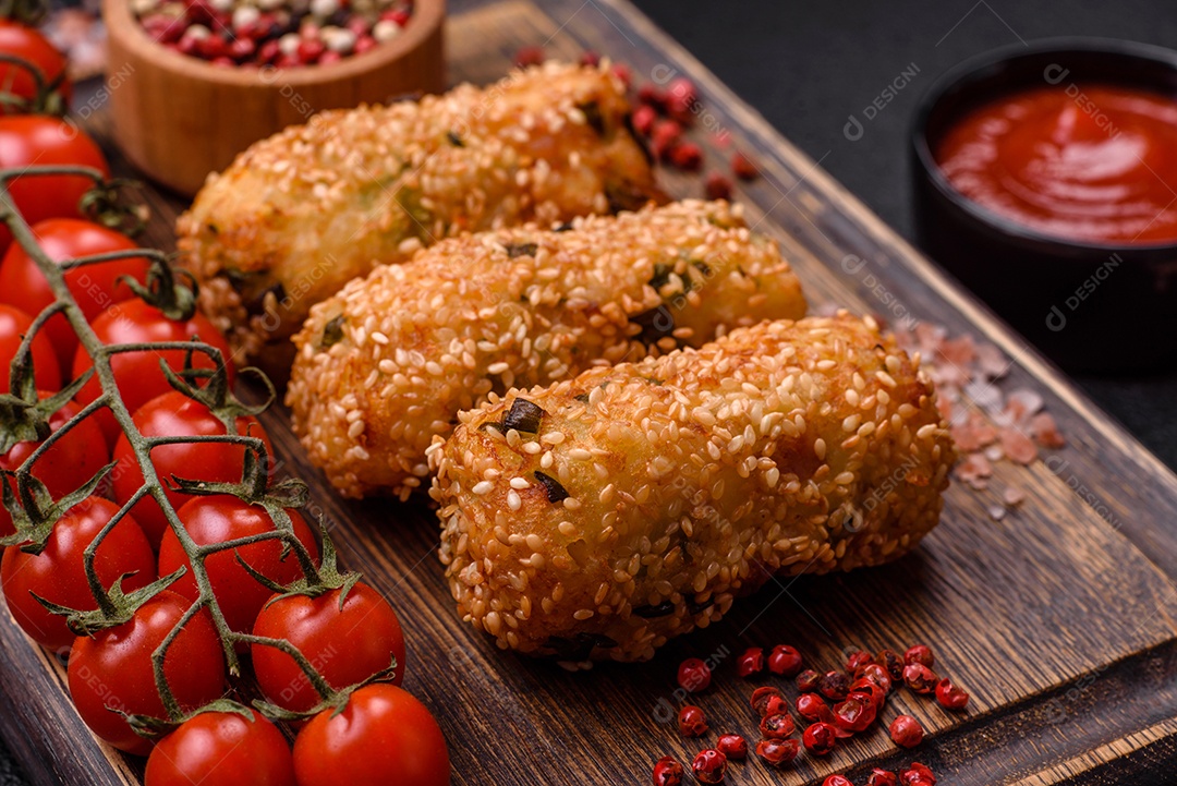 Delicioso prato vegetariano ou vegano em forma de costeletas ou hambúrgueres consistindo de batatas, cenouras, cebolas e feijões em um fundo escuro de concreto