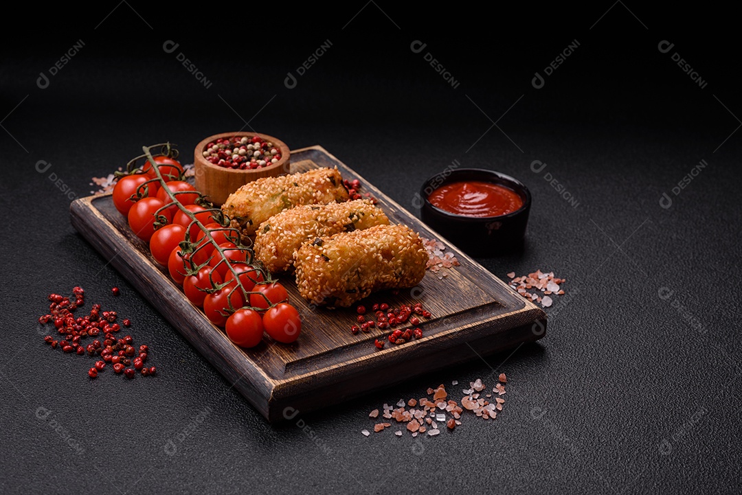 Delicioso prato vegetariano ou vegano em forma de costeletas ou hambúrgueres consistindo de batatas, cenouras, cebolas e feijões em um fundo escuro de concreto