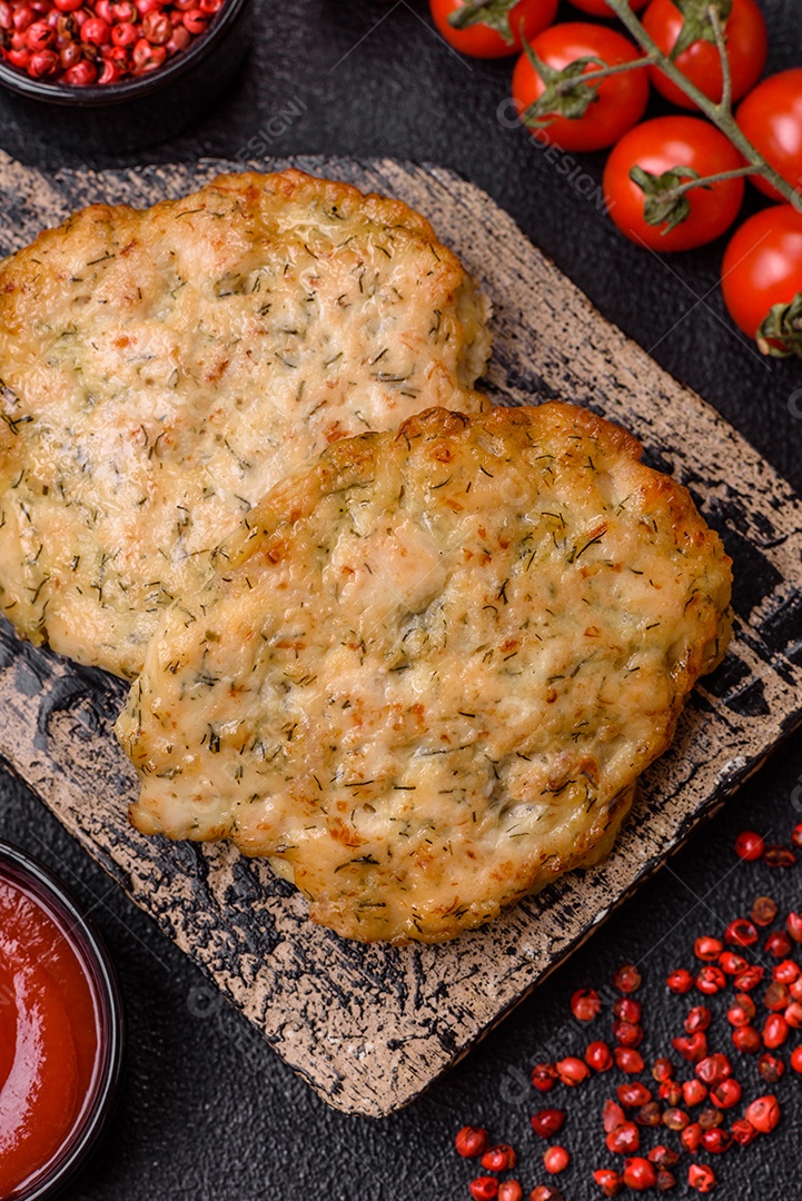 Deliciosas costeletas de frango picado frito com sal, especiarias e ervas sobre um fundo escuro de concreto