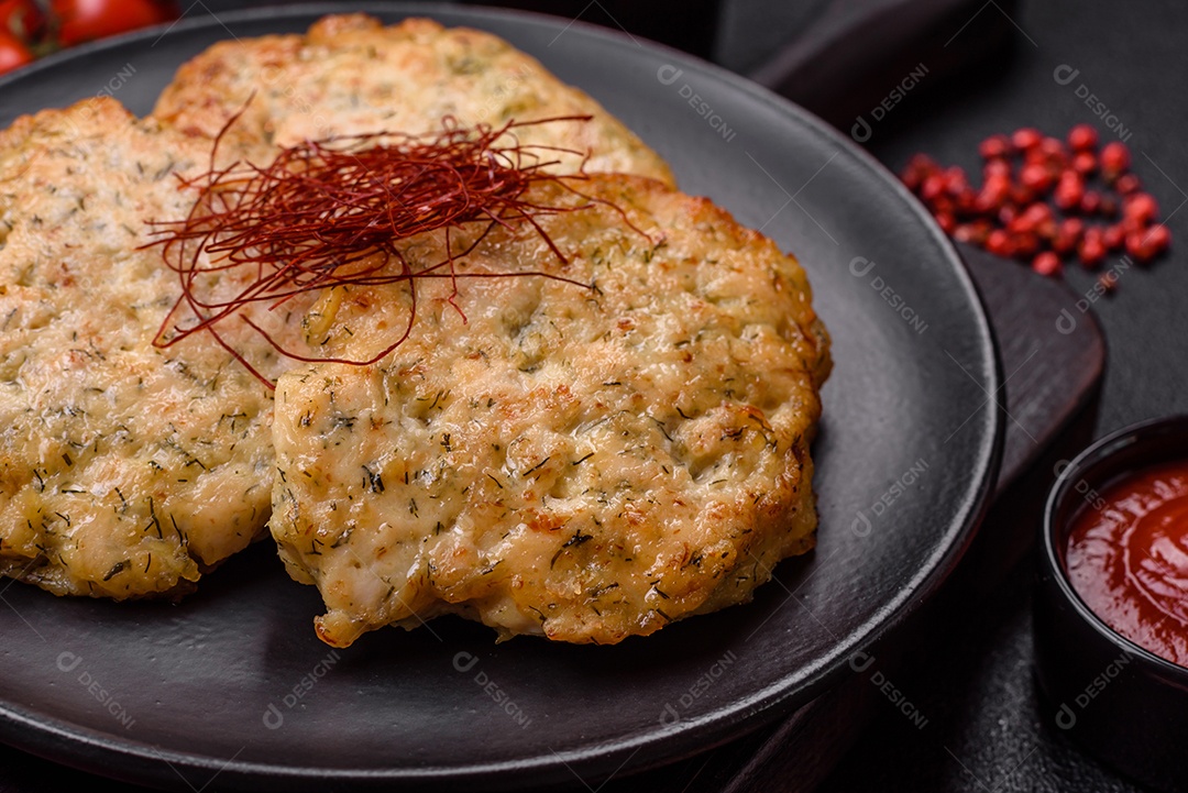 Deliciosas costeletas de frango picado frito com sal, especiarias e ervas sobre um fundo escuro de concreto