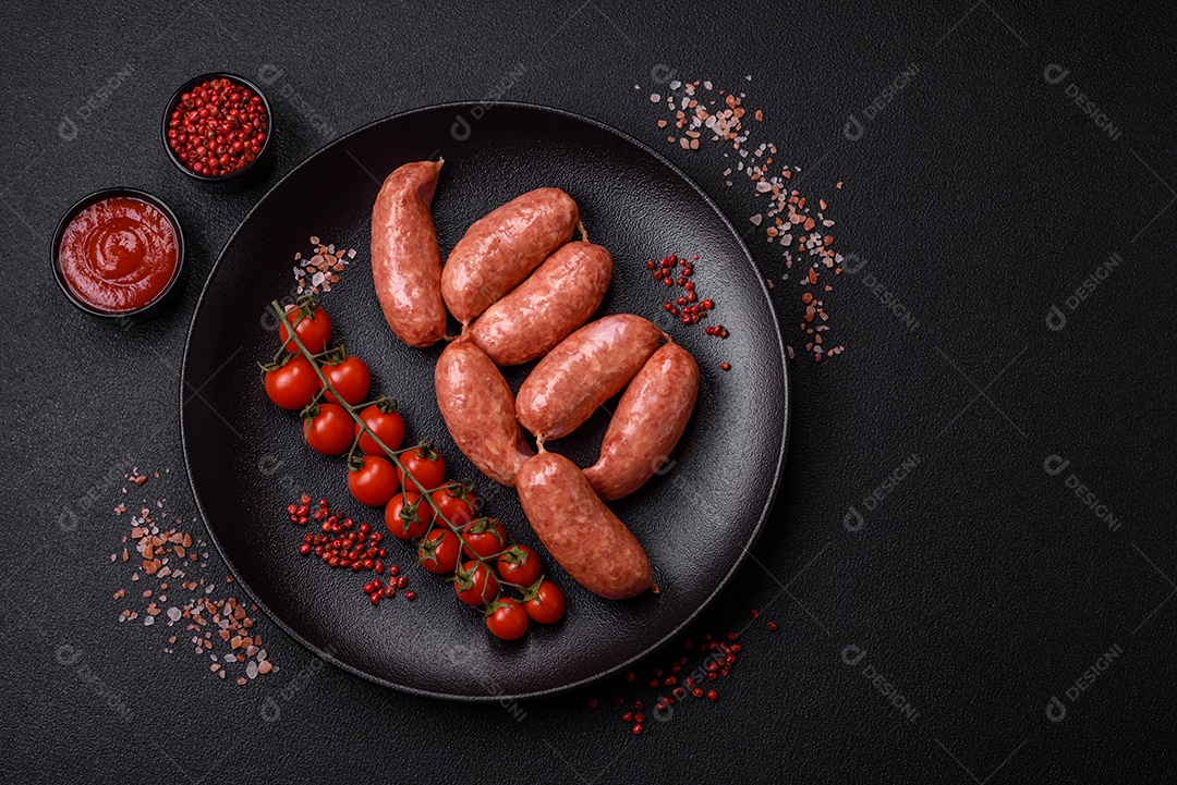 Frango assado ou salsichas de porco, sal, especiarias e ervas sobre um fundo escuro de concreto