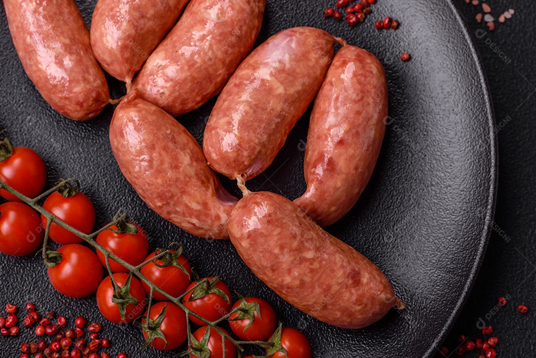 Frango assado ou salsichas de porco, sal, especiarias e ervas sobre um fundo escuro de concreto