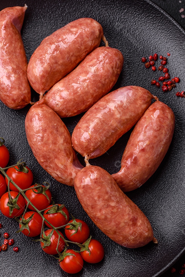 Frango assado ou salsichas de porco, sal, especiarias e ervas sobre um fundo escuro de concreto