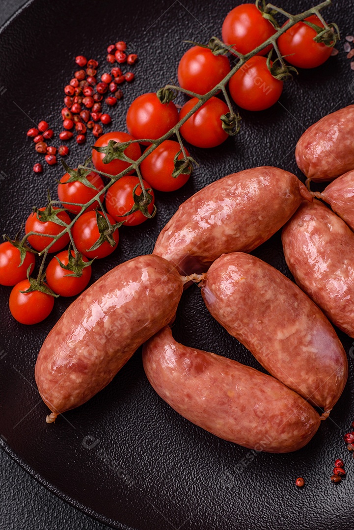 Frango assado ou salsichas de porco, sal, especiarias e ervas sobre um fundo escuro de concreto