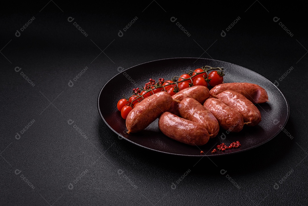 Frango assado ou salsichas de porco, sal, especiarias e ervas sobre um fundo escuro de concreto