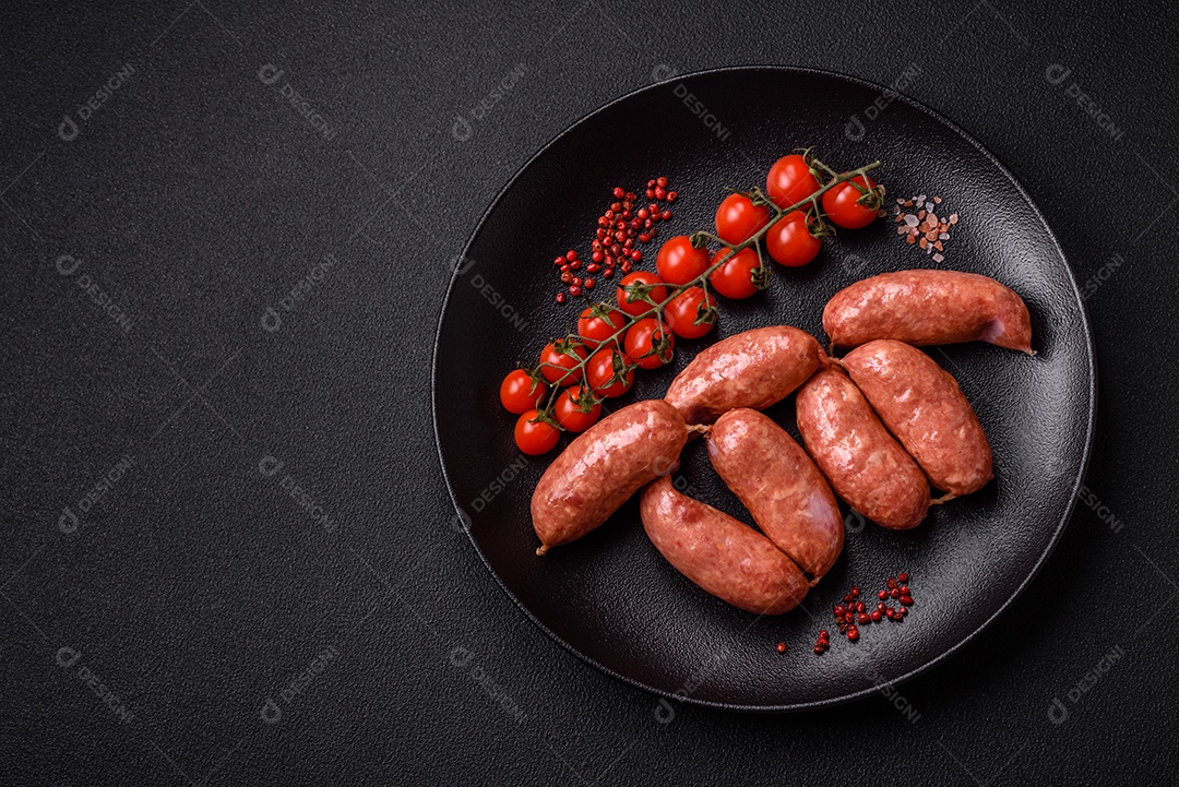 Frango assado ou salsichas de porco, sal, especiarias e ervas sobre um fundo escuro de concreto