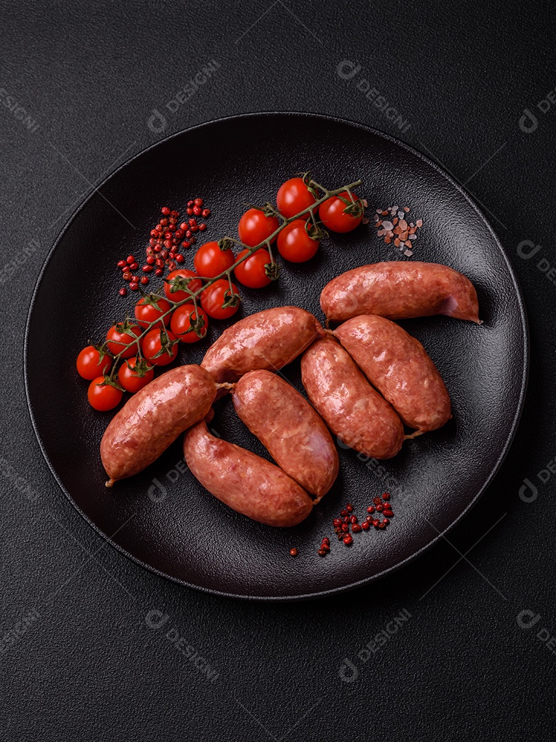 Frango assado ou salsichas de porco, sal, especiarias e ervas sobre um fundo escuro de concreto