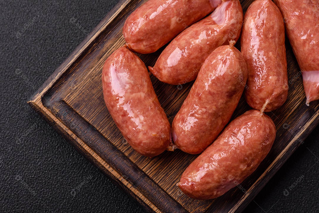 Frango assado ou salsichas de porco, sal, especiarias e ervas sobre um fundo escuro de concreto