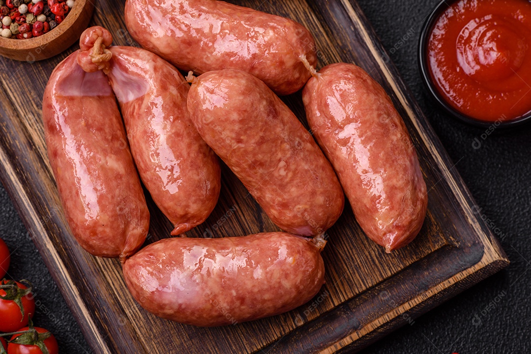 Frango assado ou salsichas de porco, sal, especiarias e ervas sobre um fundo escuro de concreto