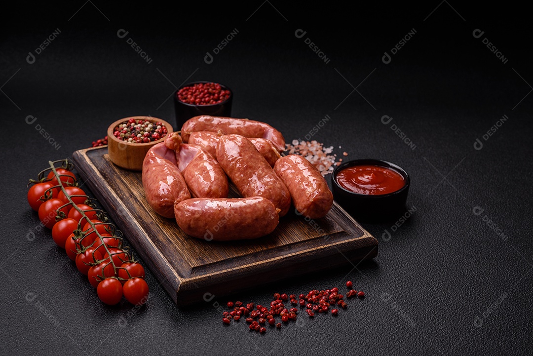 Frango assado ou salsichas de porco, sal, especiarias e ervas sobre um fundo escuro de concreto