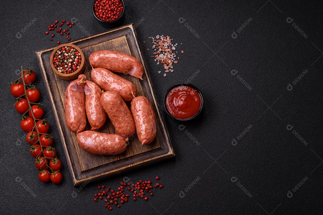 Frango assado ou salsichas de porco, sal, especiarias e ervas sobre um fundo escuro de concreto