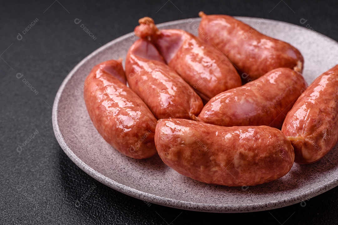 Frango assado ou salsichas de porco, sal, especiarias e ervas sobre um fundo escuro de concreto