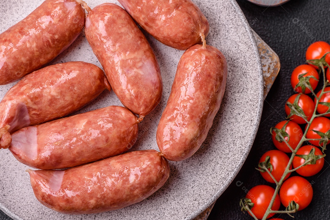 Frango assado ou salsichas de porco, sal, especiarias e ervas sobre um fundo escuro de concreto