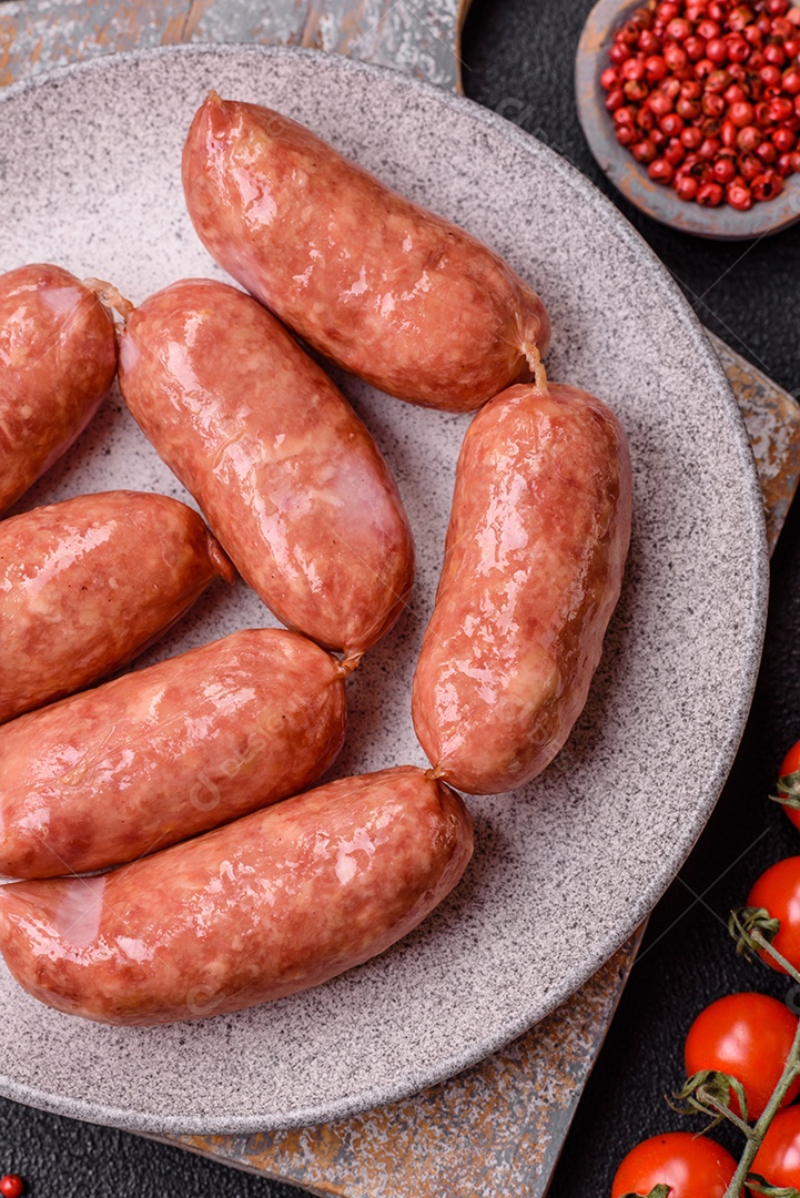 Frango assado ou salsichas de porco, sal, especiarias e ervas sobre um fundo escuro de concreto