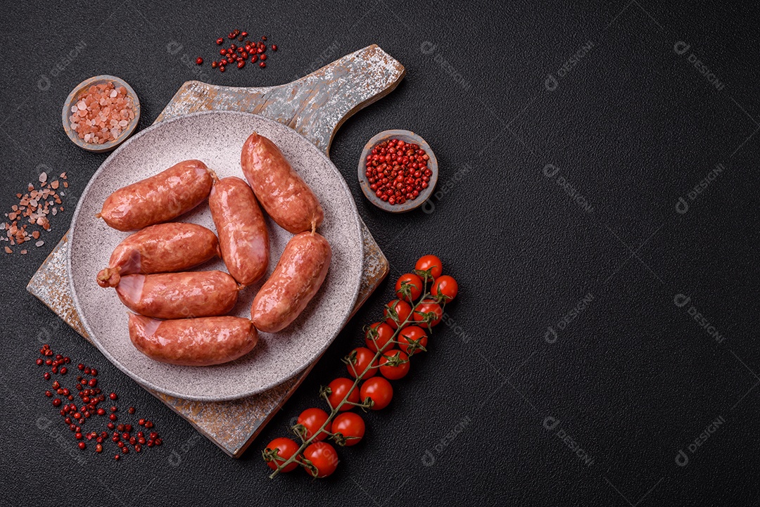 Frango assado ou salsichas de porco, sal, especiarias e ervas sobre um fundo escuro de concreto