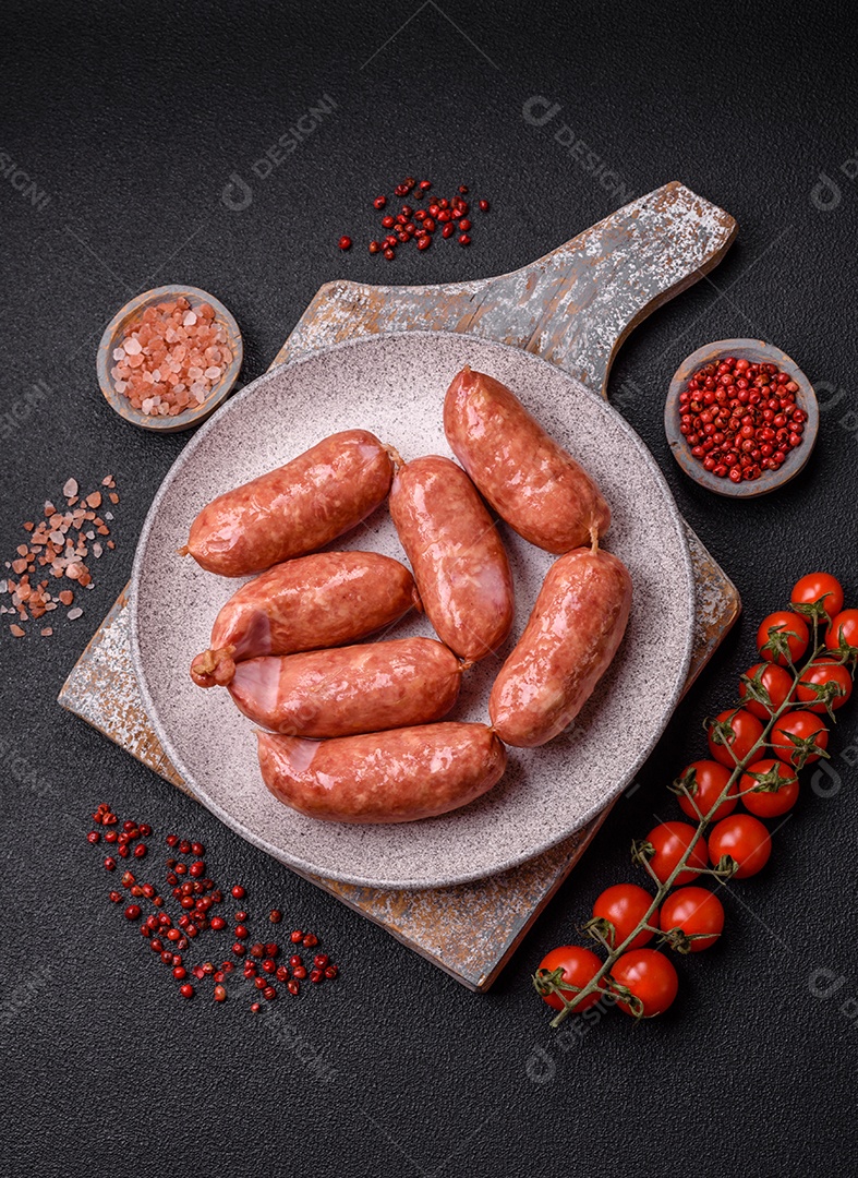 Frango assado ou salsichas de porco, sal, especiarias e ervas sobre um fundo escuro de concreto