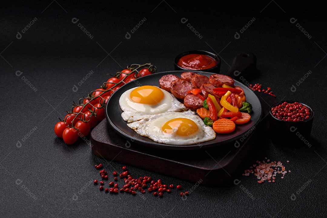 Delicioso café da manhã nutritivo com ovos fritos, salsicha, legumes cozidos no vapor com sal, especiarias e ervas sobre um fundo escuro de concreto