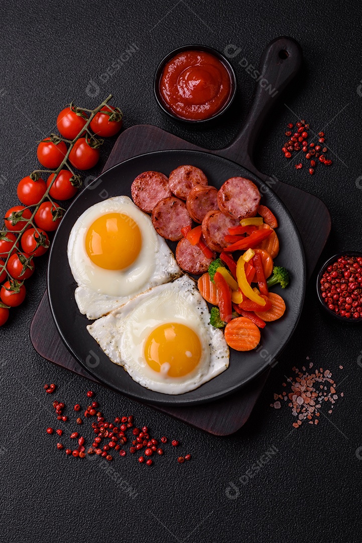 Delicioso café da manhã nutritivo com ovos fritos, salsicha, legumes cozidos no vapor com sal, especiarias e ervas sobre um fundo escuro de concreto