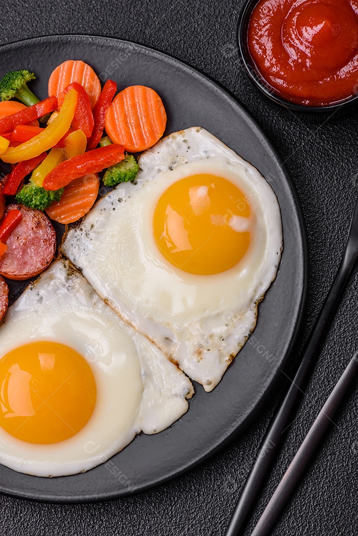Delicioso café da manhã nutritivo com ovos fritos, salsicha, legumes cozidos no vapor com sal, especiarias e ervas sobre um fundo escuro de concreto