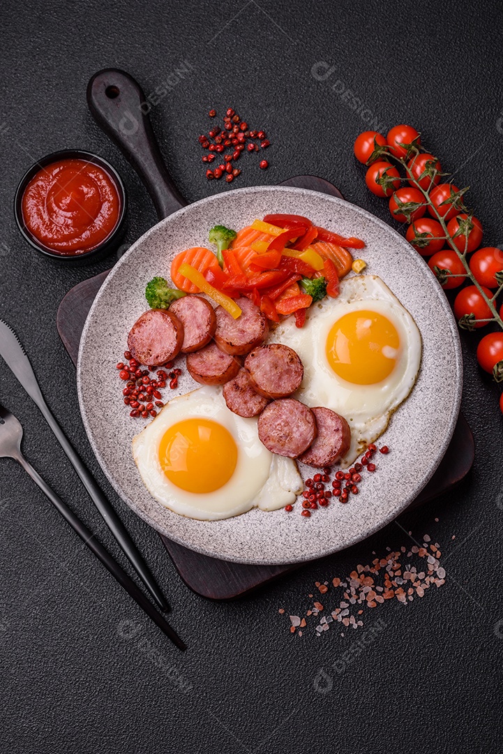 Delicioso café da manhã nutritivo com ovos fritos, salsicha, legumes cozidos no vapor com sal, especiarias e ervas sobre um fundo escuro de concreto