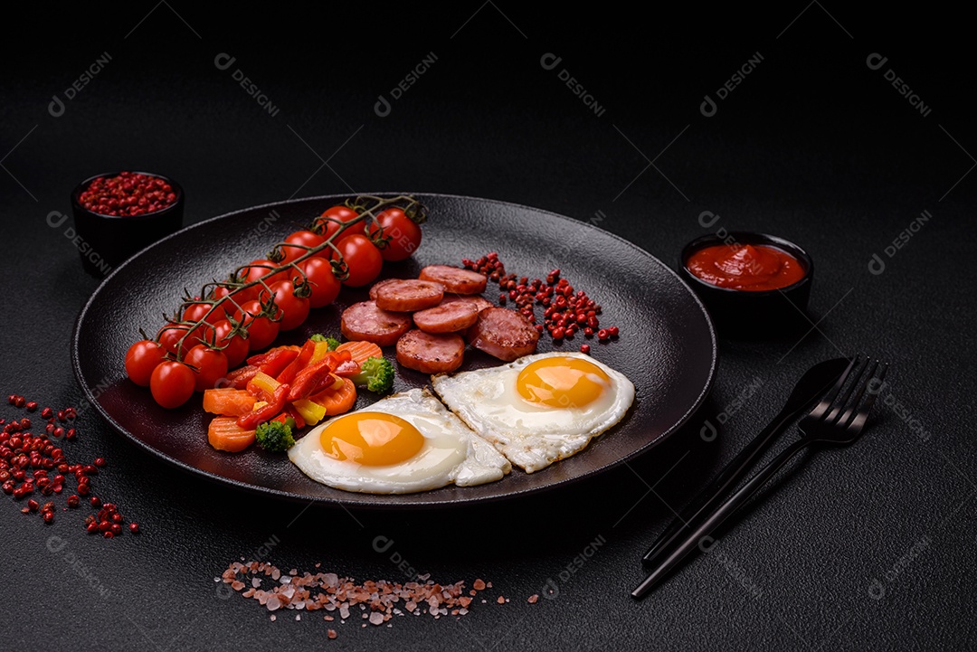 Delicioso café da manhã nutritivo com ovos fritos, salsicha, legumes cozidos no vapor com sal, especiarias e ervas sobre um fundo escuro de concreto