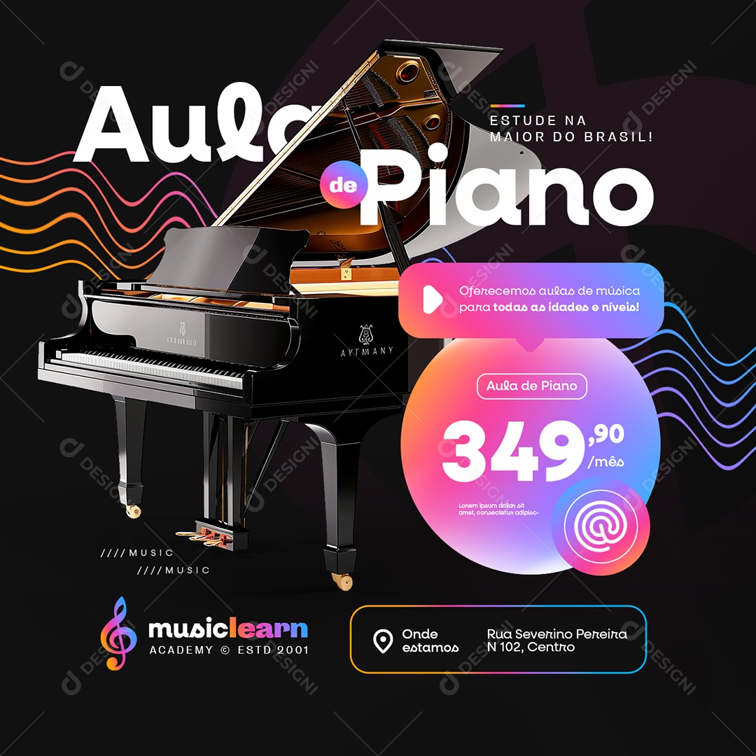 Aula de Piano Estude na Maior do Brasil Social Media PSD Editável