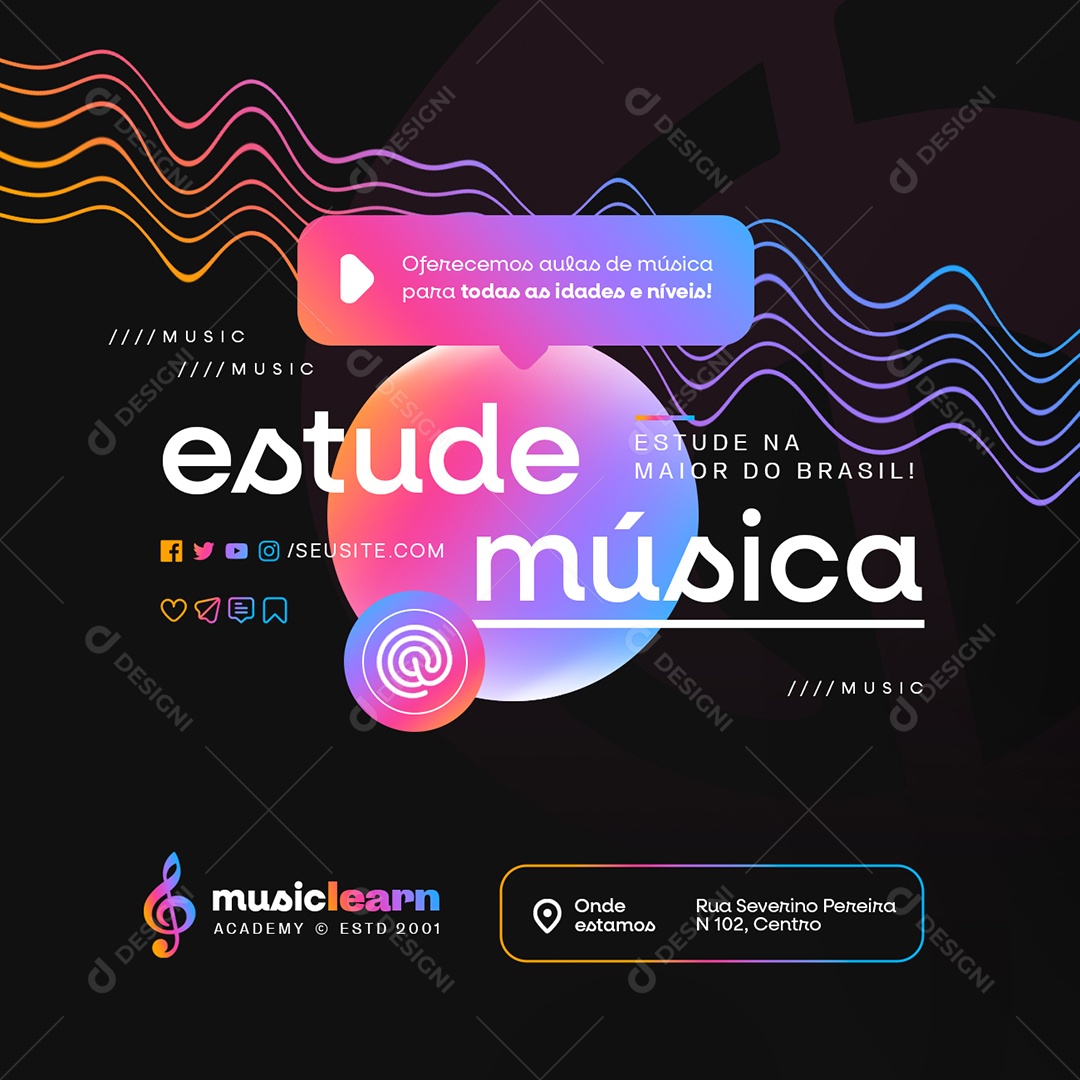 Oferecemos Aulas de Música para todas as Idades Social Media PSD Editável