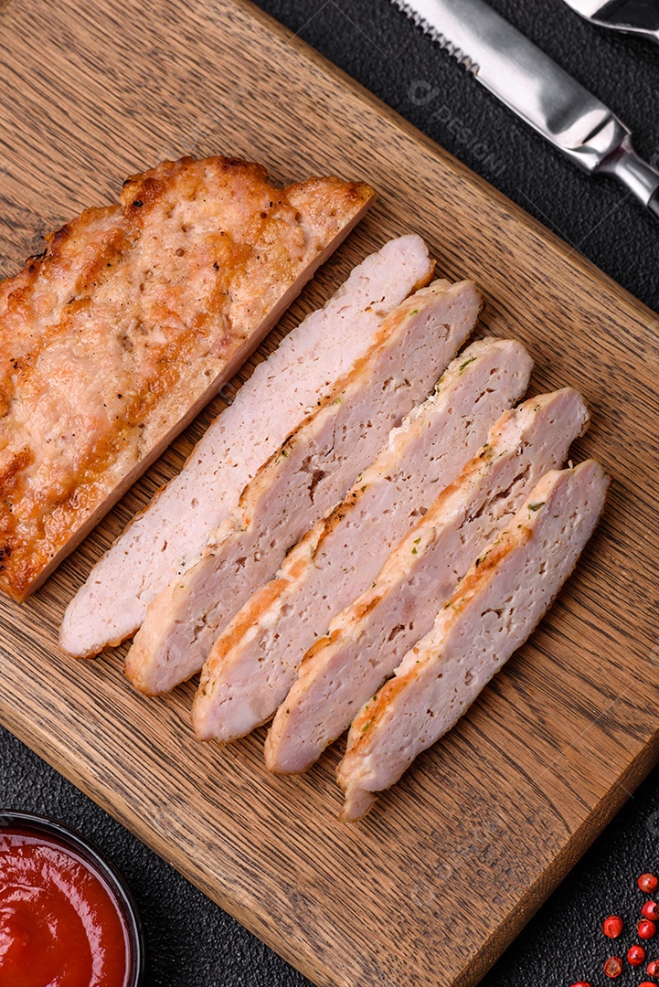 Delicioso peru suculento ou bife de frango com sal, especiarias e ervas sobre um fundo escuro de concreto