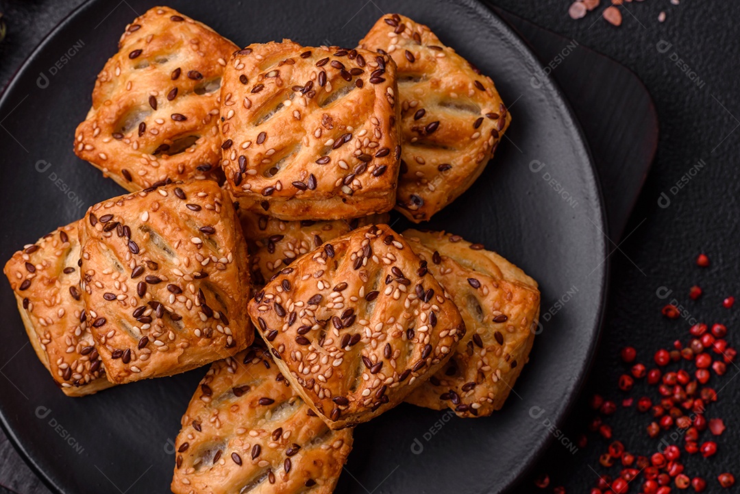 Folhados triangulares com queijo feta, tomate com sal, especiarias e ervas sobre fundo escuro de concreto