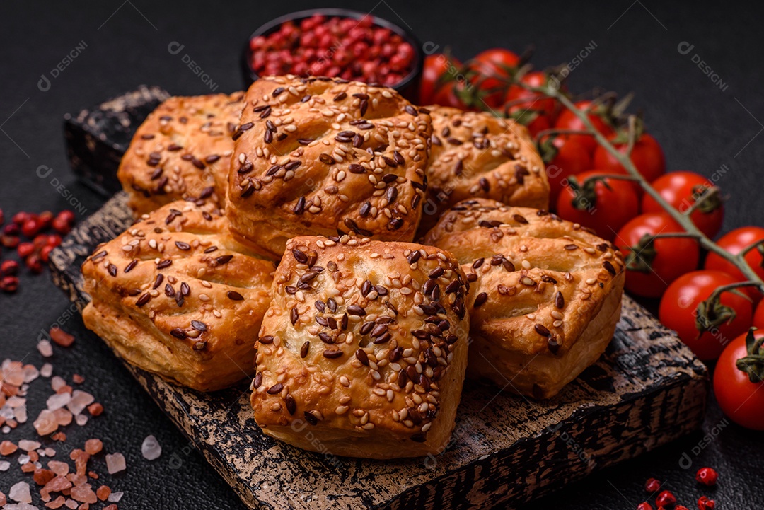 Folhados triangulares com queijo feta, tomate com sal, especiarias e ervas sobre fundo escuro de concreto