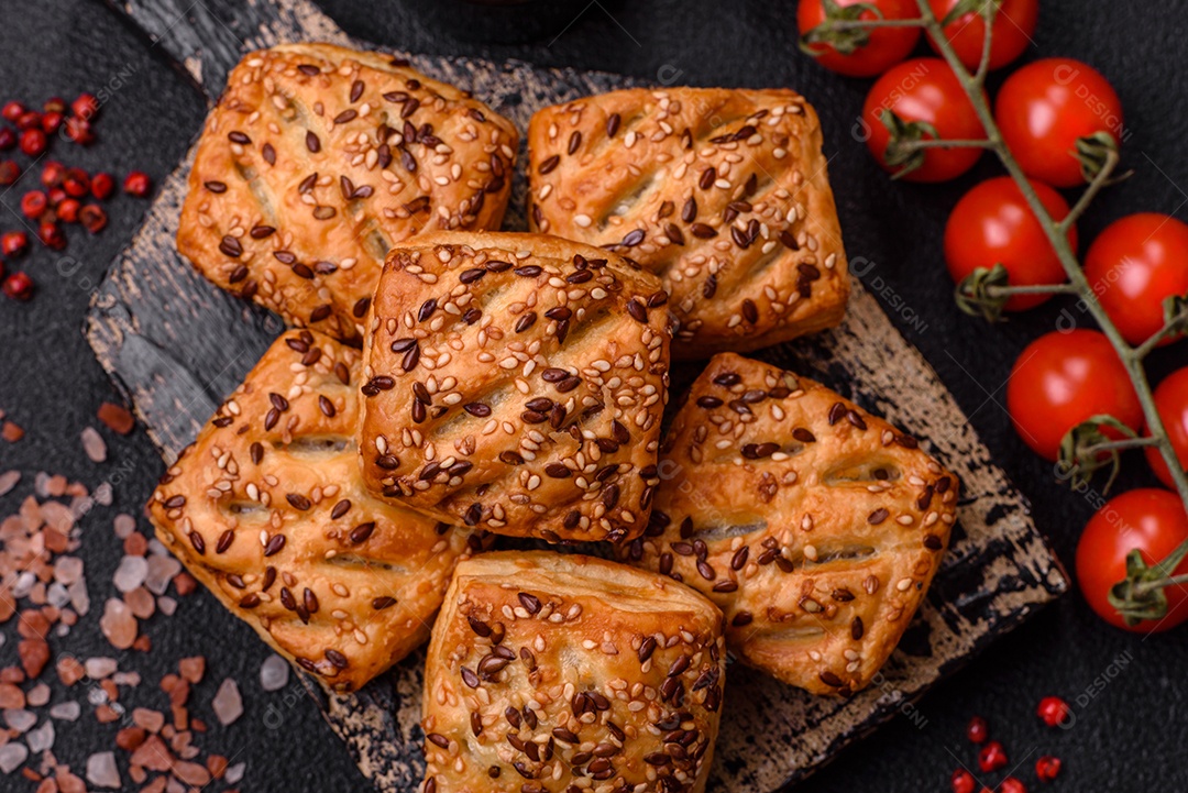 Folhados triangulares com queijo feta, tomate com sal, especiarias e ervas sobre fundo escuro de concreto