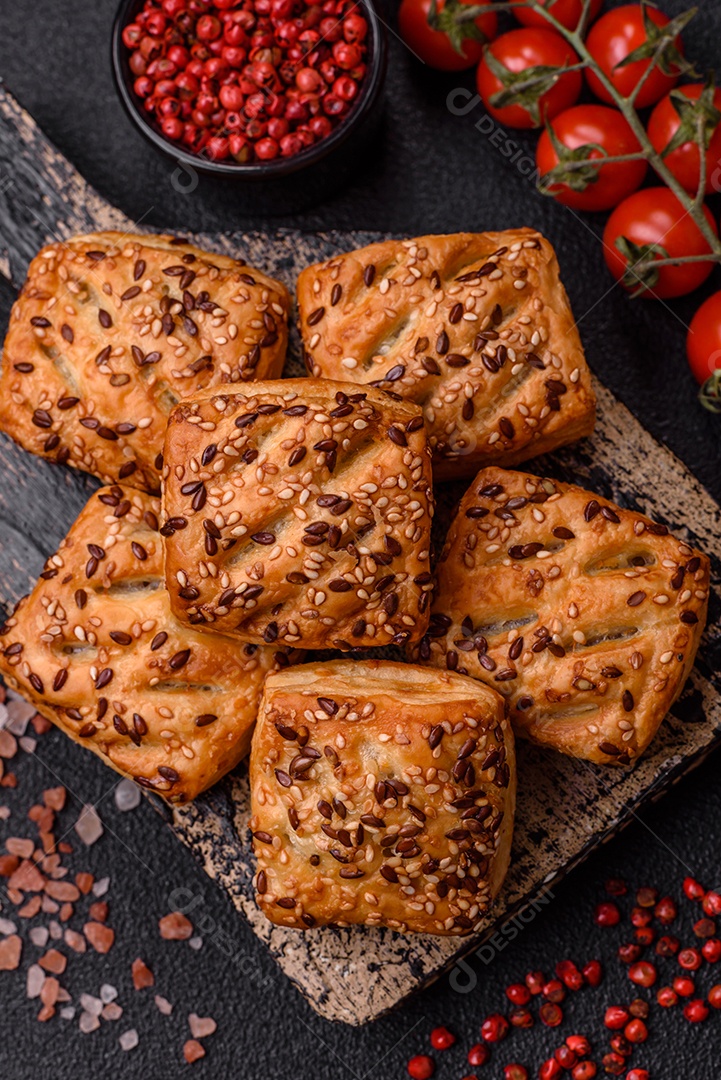 Folhados triangulares com queijo feta, tomate com sal, especiarias e ervas sobre fundo escuro de concreto