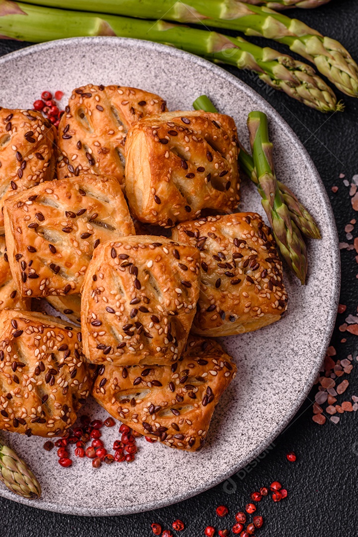 Folhados triangulares com queijo feta, tomate com sal, especiarias e ervas sobre fundo escuro de concreto