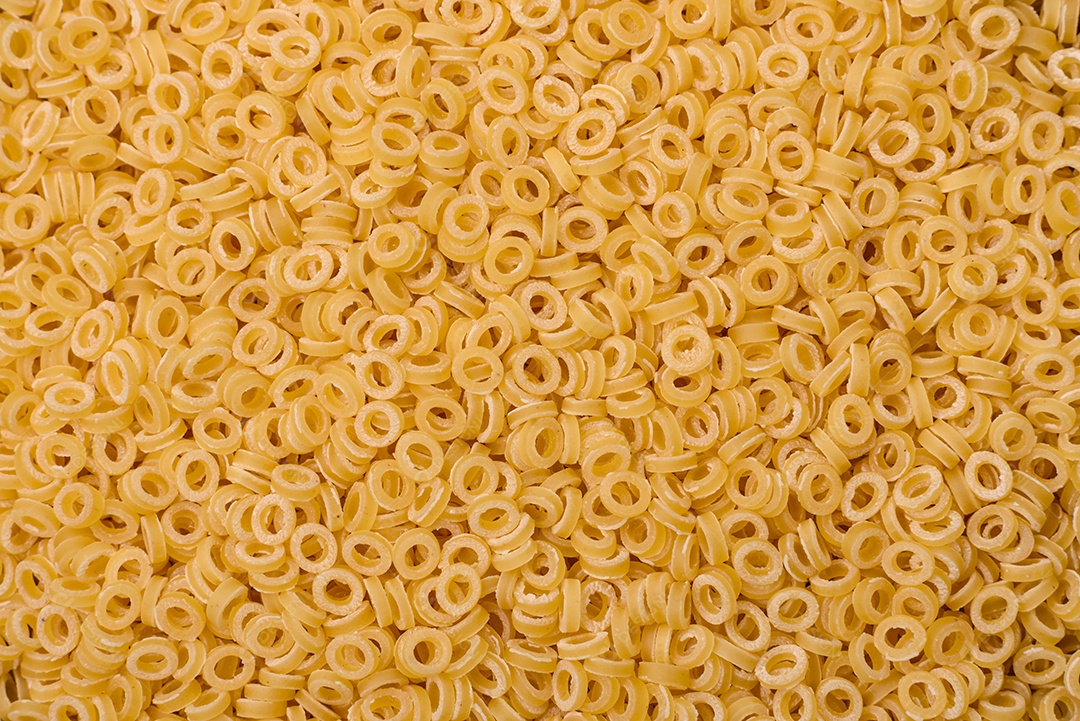 Massa anellini crua de trigo duro com sal e especiarias sobre um fundo escuro de concreto