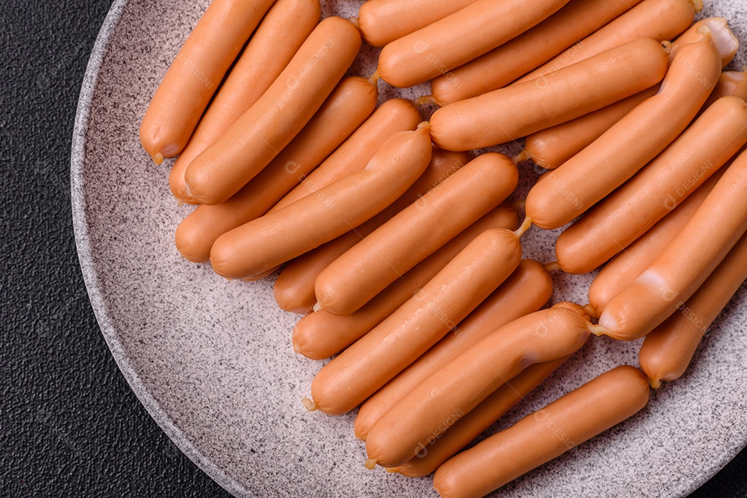 Deliciosas salsichas vegetarianas ou veganas com sal, especiarias e ervas sobre um fundo escuro de concreto