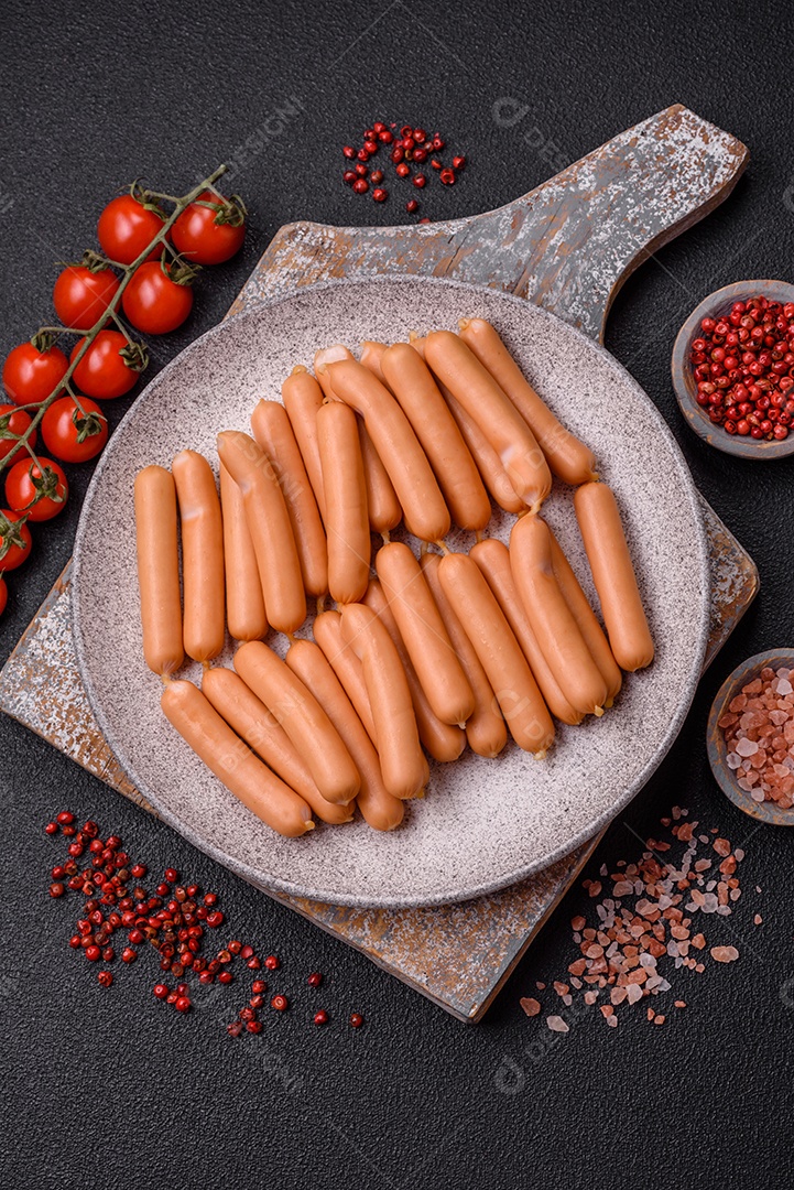 Deliciosas salsichas vegetarianas ou veganas com sal, especiarias e ervas sobre um fundo escuro de concreto