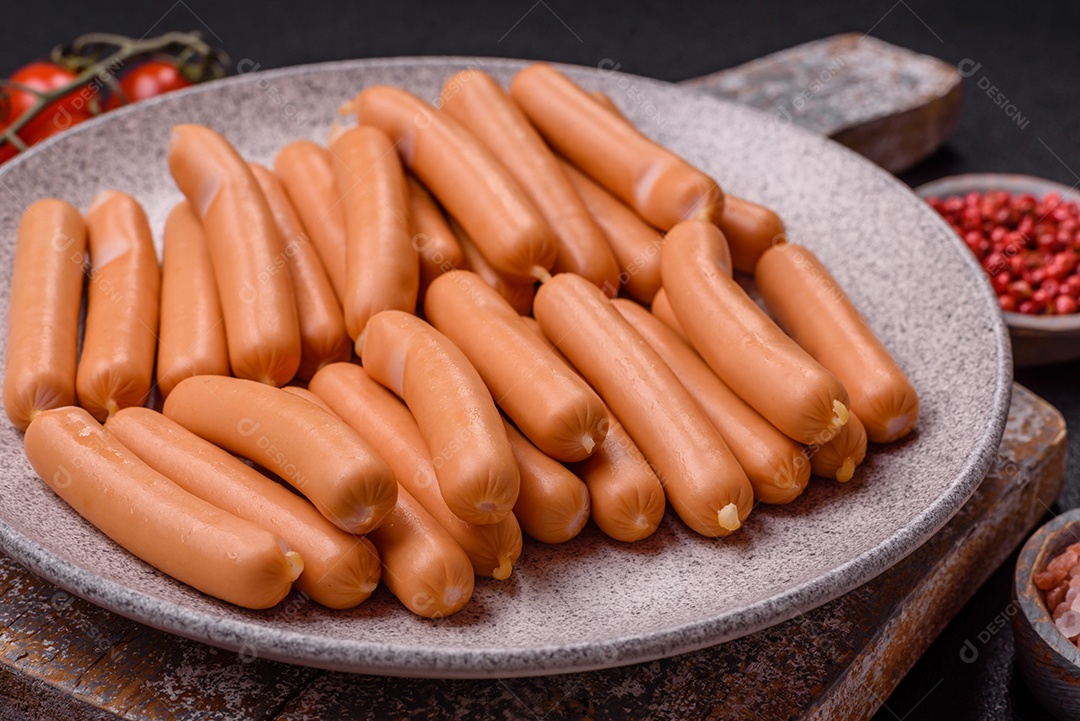 Deliciosas salsichas vegetarianas ou veganas com sal, especiarias e ervas sobre um fundo escuro de concreto