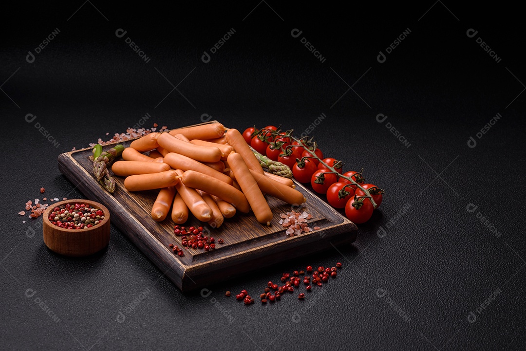 Deliciosas salsichas vegetarianas ou veganas com sal, especiarias e ervas sobre um fundo escuro de concreto