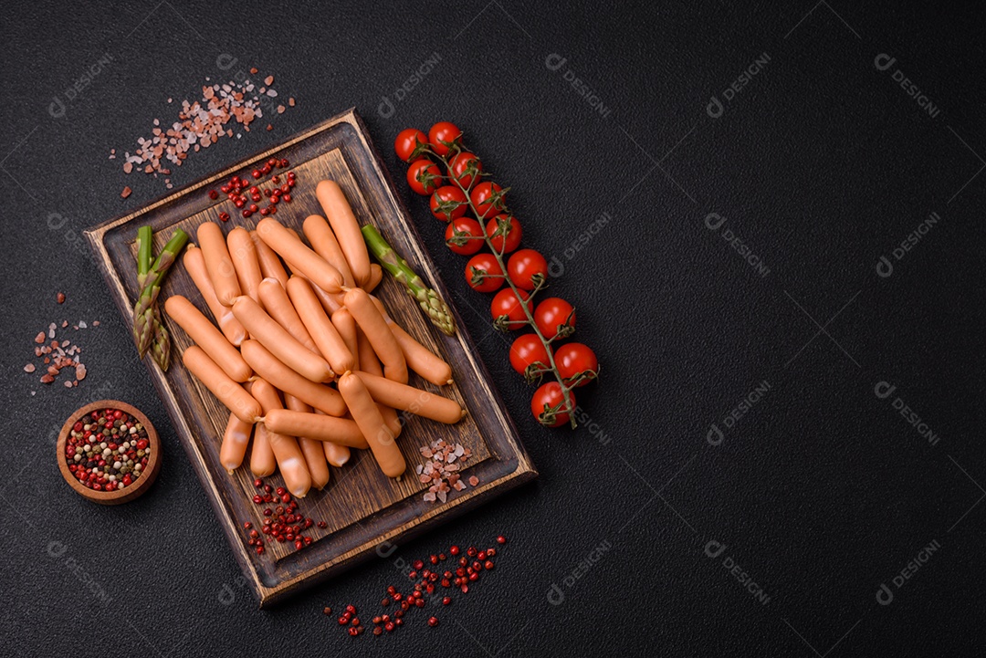 Deliciosas salsichas vegetarianas ou veganas com sal, especiarias e ervas sobre um fundo escuro de concreto