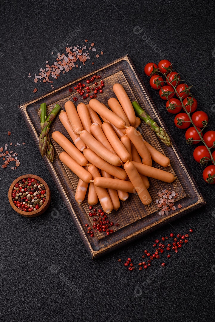 Deliciosas salsichas vegetarianas ou veganas com sal, especiarias e ervas sobre um fundo escuro de concreto