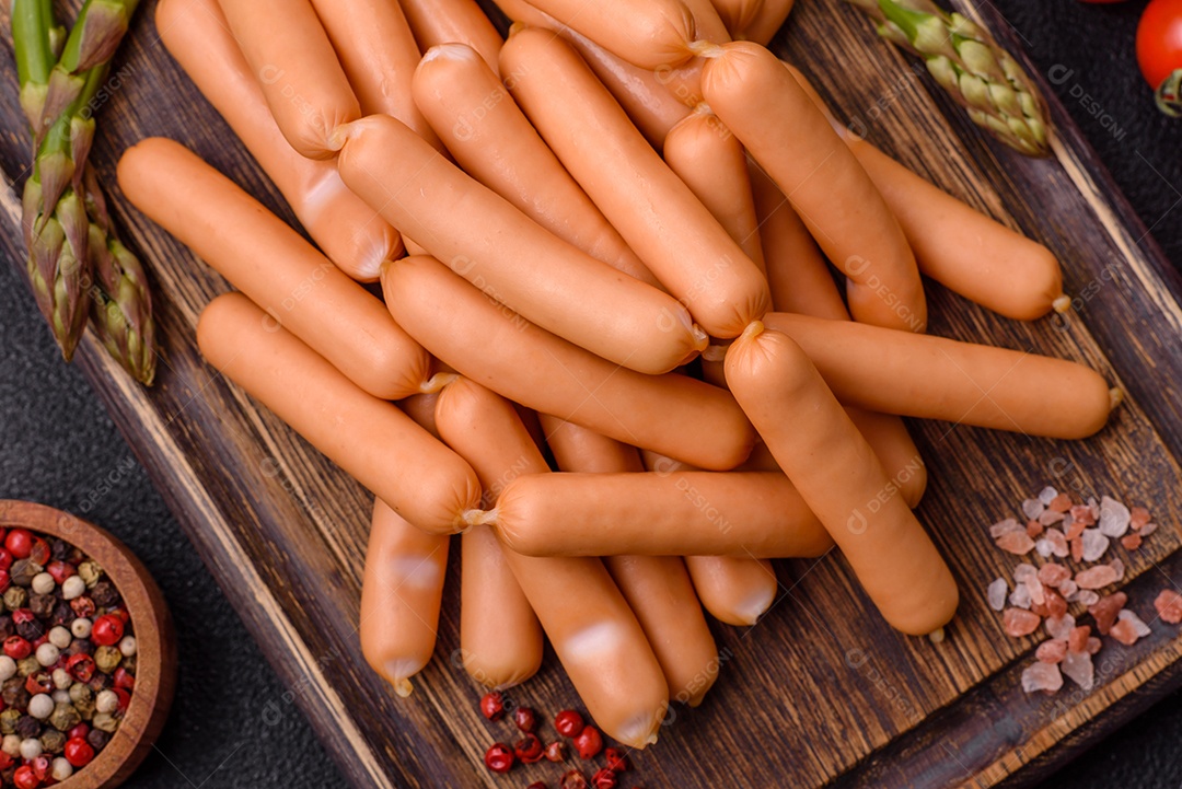 Deliciosas salsichas vegetarianas ou veganas com sal, especiarias e ervas sobre um fundo escuro de concreto