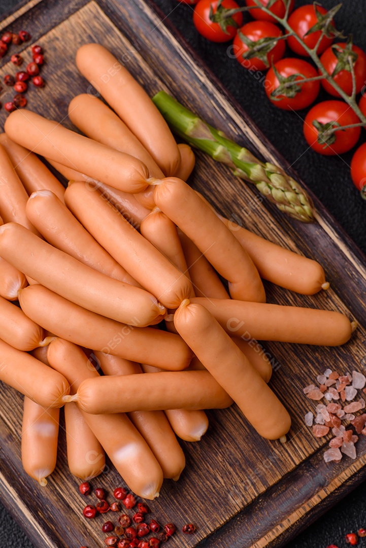 Deliciosas salsichas vegetarianas ou veganas com sal, especiarias e ervas sobre um fundo escuro de concreto